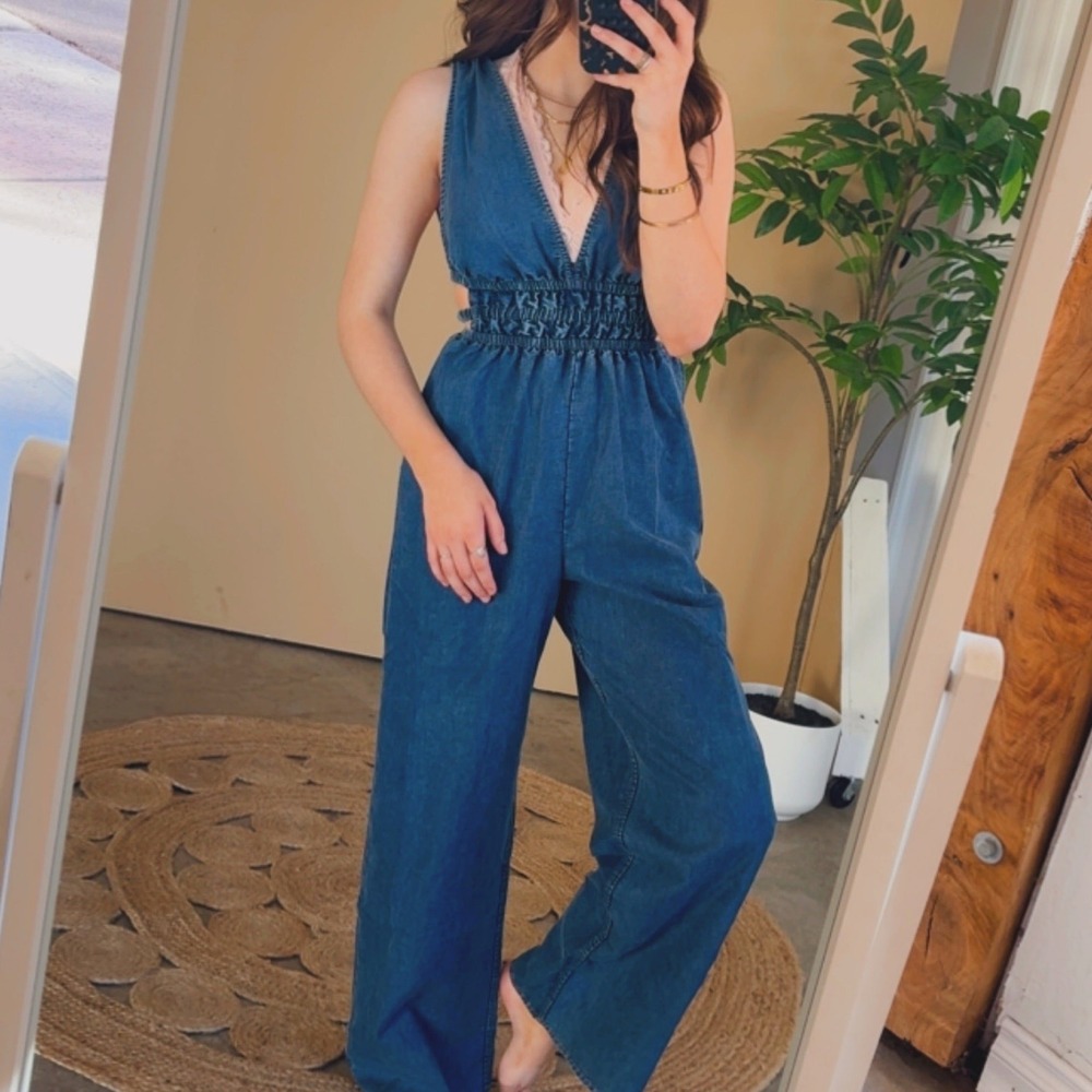 Blue Denim Wide Leg Jumpsuit V-Neck Smocked Waist Open Back casual travel
